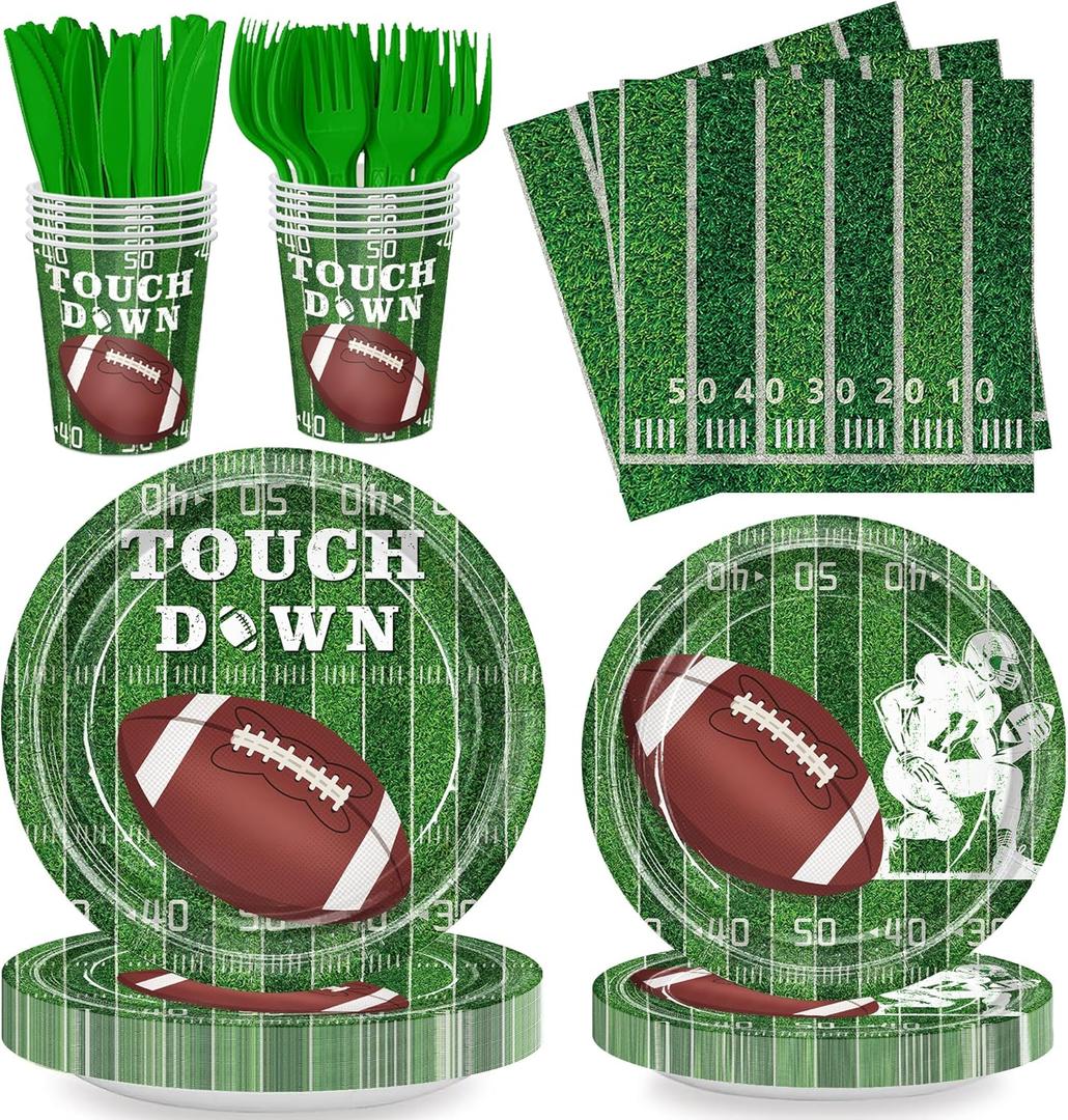 Football Birthday Party Plates and Napkins, Party Supplies kit Serve 24, Tableware Includes Plates, Napkins, Cups, Knife and Forks, Football Party Plates for Game Day