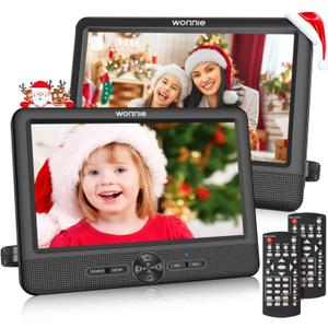 WONNIE 10 Inch Car DVD Players, Portable DVD Player Dual Screen Play Two Different or The Same Movie with 2 Headrest Mount, 5H Rechargeable Battery, Last Memory, AV Out/in, Support USB/SD/Sync TV (Black)