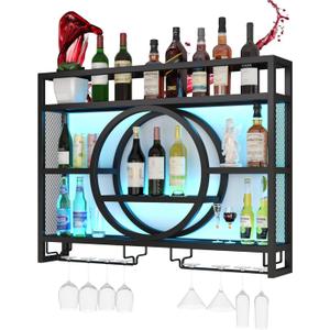 Rack Wall Mounted with Glass Rack Floating Bar Shelves for Liquor Bottles with LED Light Liquor Bottle Display Shelf Wall Bar Cabinet Mini Bar for Home Bar Dining Room Kitchen Living Room(Bl (100 cm (39.37 in))