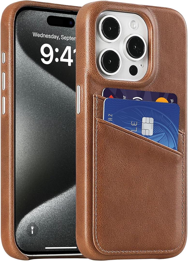 LUCKYCOIN Genuine Leather Wallet Phone Case for iPhone 15 Pro, Phone Purse with 2 Credit Card Holder, Compatible with iPhone 15 Pro, Metal Button Bumper Protective Shockproof Cover Dark Brown