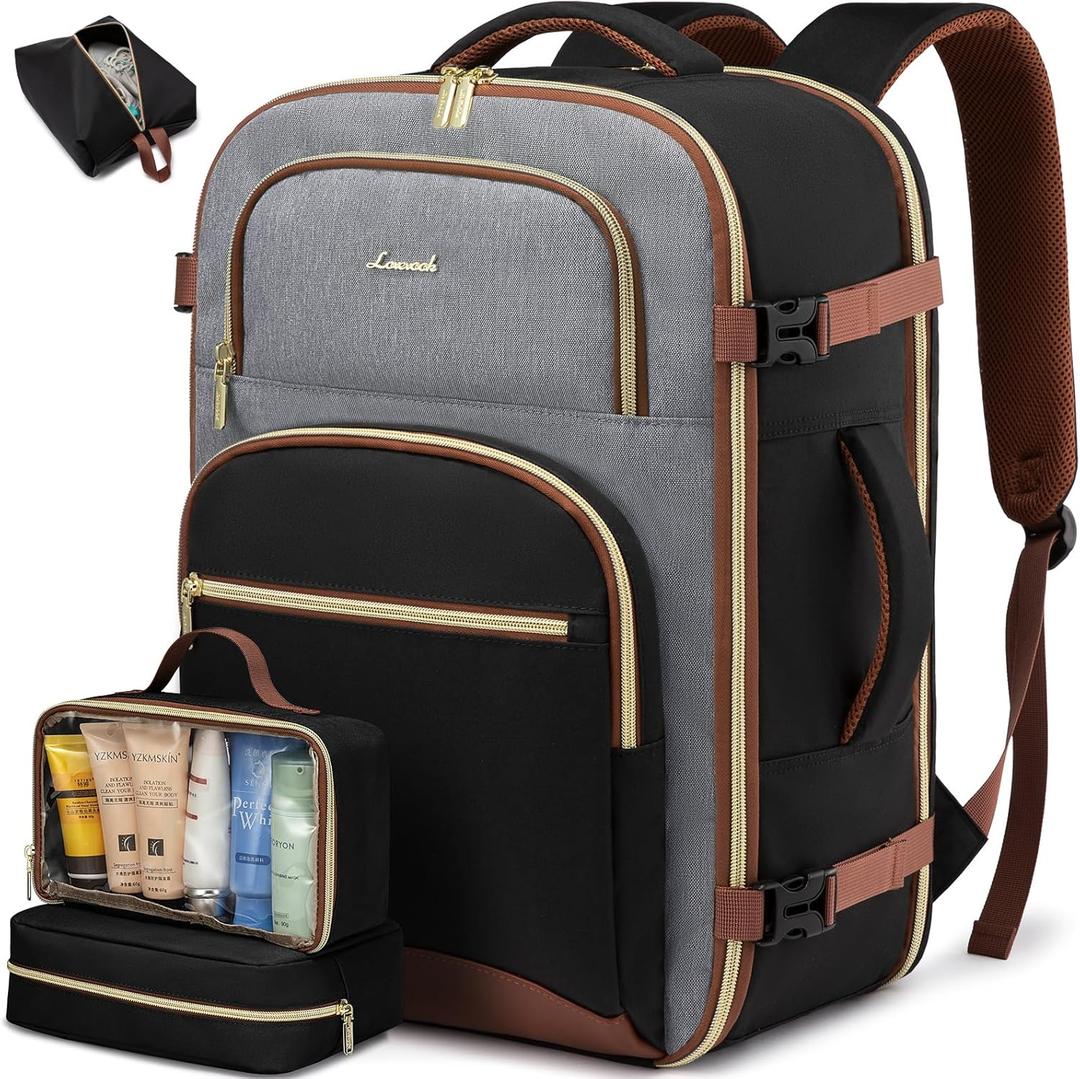 LOVEVOOK Travel Essentials Carry on Backpack 50L Travel Backpack for Women Men,Waterproof TSA Personal Item Travels Bag Airline Flight Approved,Large Carry on Luggage Laptop Backpack with Packing Cube (Black - Gray - Chestnut Brown)