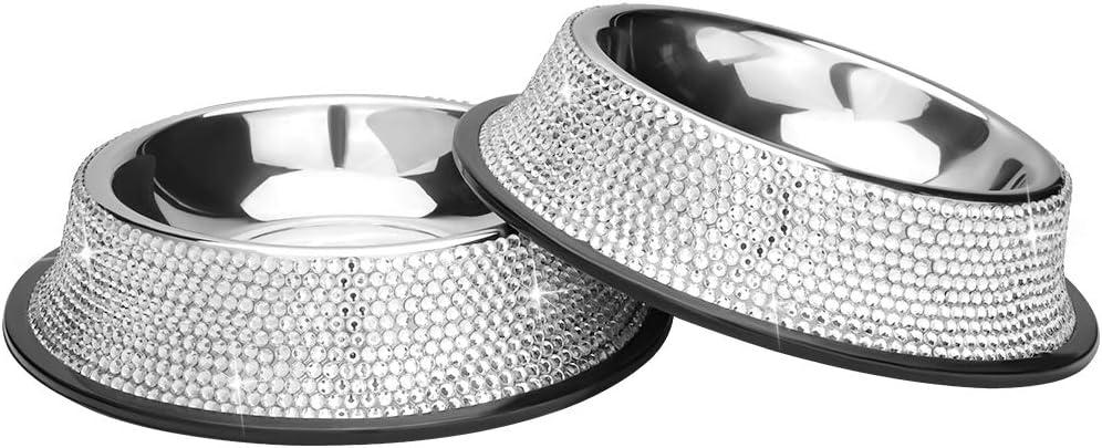 SAVORI Bling Dog Bowls White, 640ML Handmade Bling Rhinestones Stainless Steel Pet Bowls Double Food Water Feeder for Puppy Cats Dogs - Set of 2 (Silver)