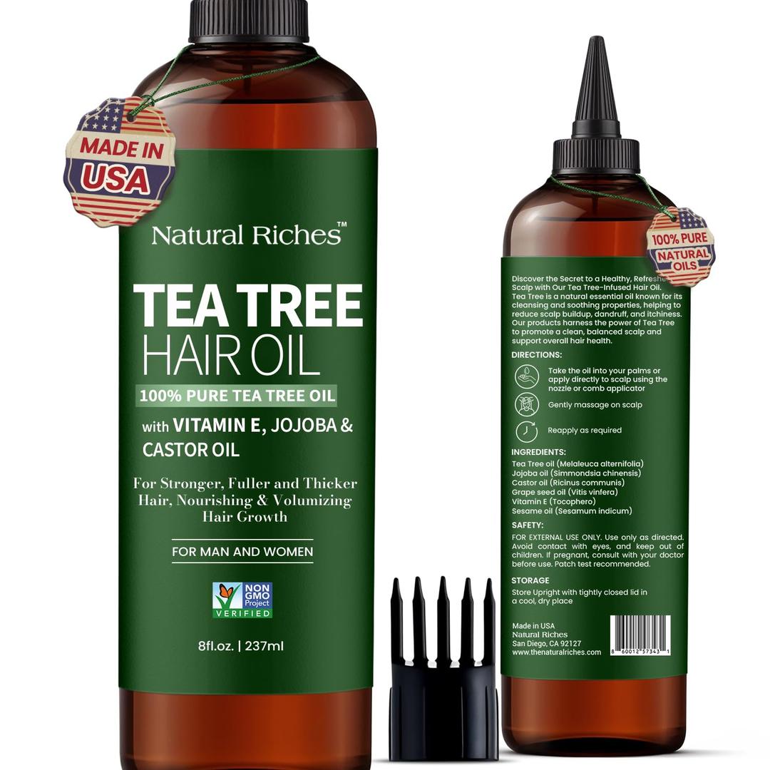 Natural Riches Tea Tree Oil for Hair - Blended with Vitamin E and Castor Oil for Hair Growth - Tea Tree Scalp Treatment for Dry Scalp - Lightweight Scalp Oil for Healthy, Strong Hair - 8 fl oz