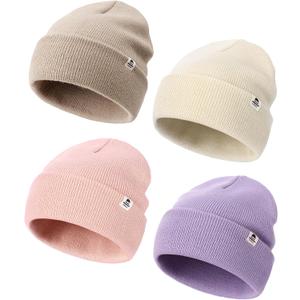 FURTALK 4 Pack Toddler Kids Beanie Boys Girls Baby Winter Hat Warm Knit Stretchy Breathable Hat (0-6 Months, Beige+pink+purple+light Khaki)