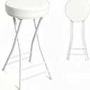 Folding Bar Stool,24 Inch Tall Foldable Stool Chair,Counter Height Cushioned Leather Padded Portable Stools,Heavy Duty Collapsible Stools for Kitchen Island Garden Camping White, 24B*1