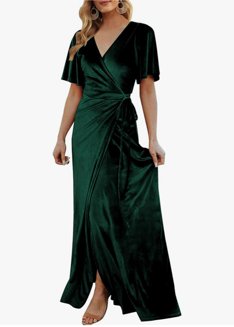 CYiNu Women's Wrap Velvet Maxi Dress V Neck Bell Sleeve Split Elegant Cocktail Party Dress XL