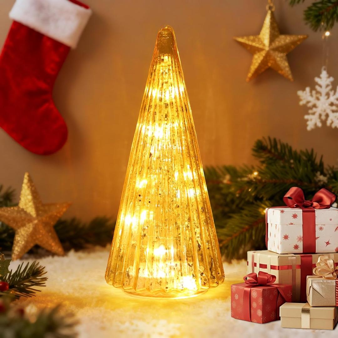 Mercury Glass Christmas Tree with LED Lights,Upgraded Tabletop Christmas Tree Decorations with Timer,Widely Applicable to Party,Holiday Home and Mantel Decor (Gold)