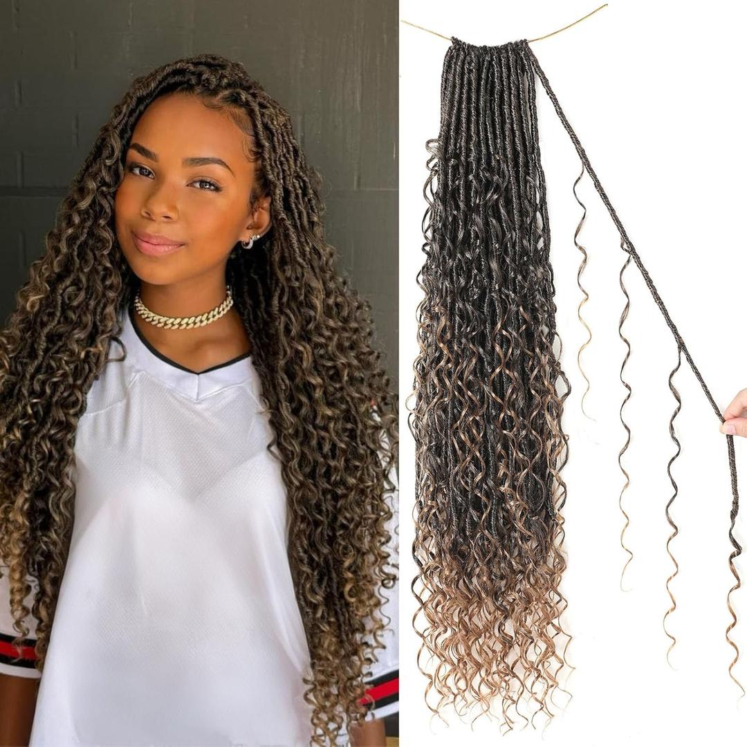 9 packs Boho Faux Locs Crochet Hair, 24 Inch, Ombre Honey Blonde Pre Looped Goddess Soft Locs Crochet Hair with Curly Ends, Bohemian River Locs for Black Women(T1B/27#, 24 Inch)