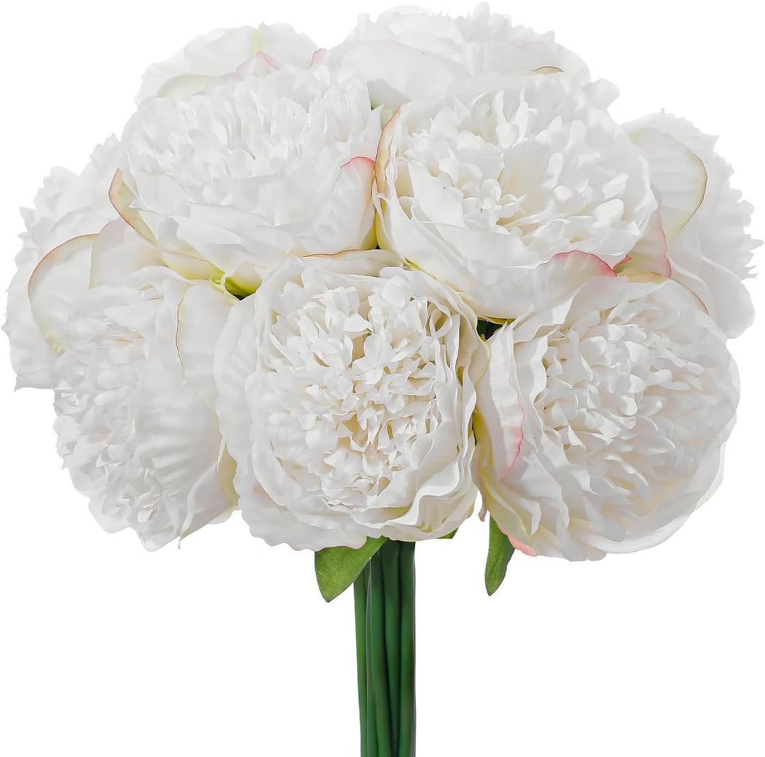 10PCS White Realistic Silk Peonies Bouquet, Waterproof & UV Resistant Faux Peony Flowers, All-Weather Artificial Stems for Outdoor, Grave, Wedding Centerpiece & Home Decor
