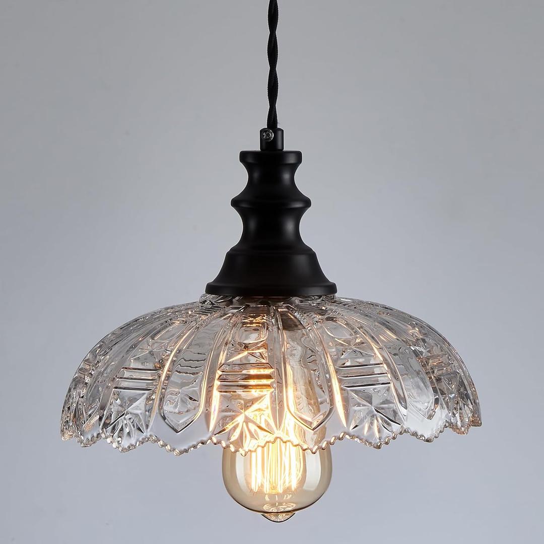 1-Light Pendant Light with Black Metal Glass Shade and Adjustable Cord Industrial Ceiling Hanging Light for Kitchen Island Bar Dining Room Bedroom Foyer Hallway Farmhouse