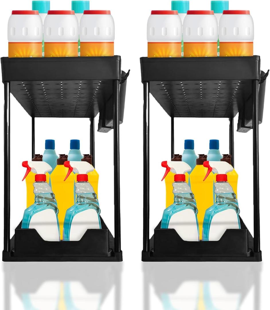 Homeward Heaven 2 Pack Under Sink Organizers, Adjustable Pull-Out Organizer for Kitchen & Bathroom Cabinets, Sliding Rack Organizer for Easy Access, Multi-Functional Cabinet Organizer Solution