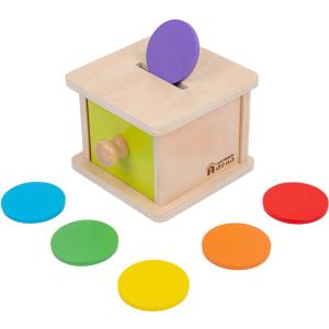 Adena Montessori Coin Box,Object Permanence Box Toys for 1 Year Old Baby Coins,Wooden Montessori Ball Drop Toys Developmental Toys for 6-12 Month Infant Toys,Learning Kids Gifts(Yellow-Green Door)