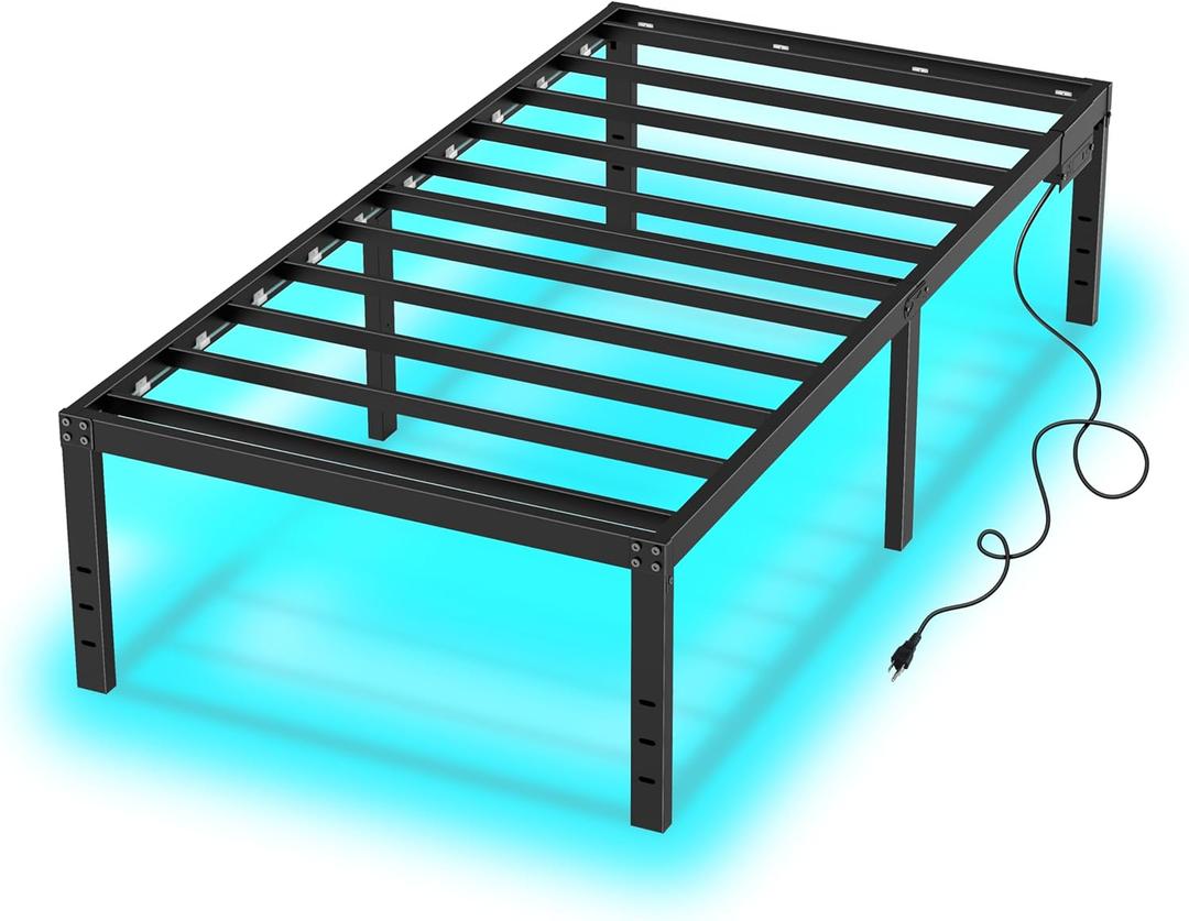 Twin XL Bed Frames for Kids 14 Inch Twin Bed Frame with LED Lights and Charging Station,Metal Bed with Storage Black Platform Bedsfor Boys Girls,No Box Spring Needed (14 Inch, Twin XL)