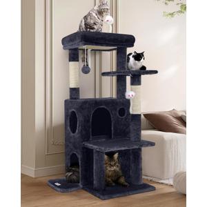 Globlazer Cat Tree Tower for Indoor Cats, 50-inch Adult Cat Tree House for Large Adult Cats with Steps, Scratching Post, 2 Cat Caves, Dangling Toys, FC50, Dark Grey