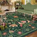 Moynesa Area Rugs 9x12 Green Vintage Home Decor, Modern Cottage Farmhouse Aesthetic Floral Bird Medallion Carpet for for Living Room Bedroom Dining Room,Non-Slip Washable Floor Protection