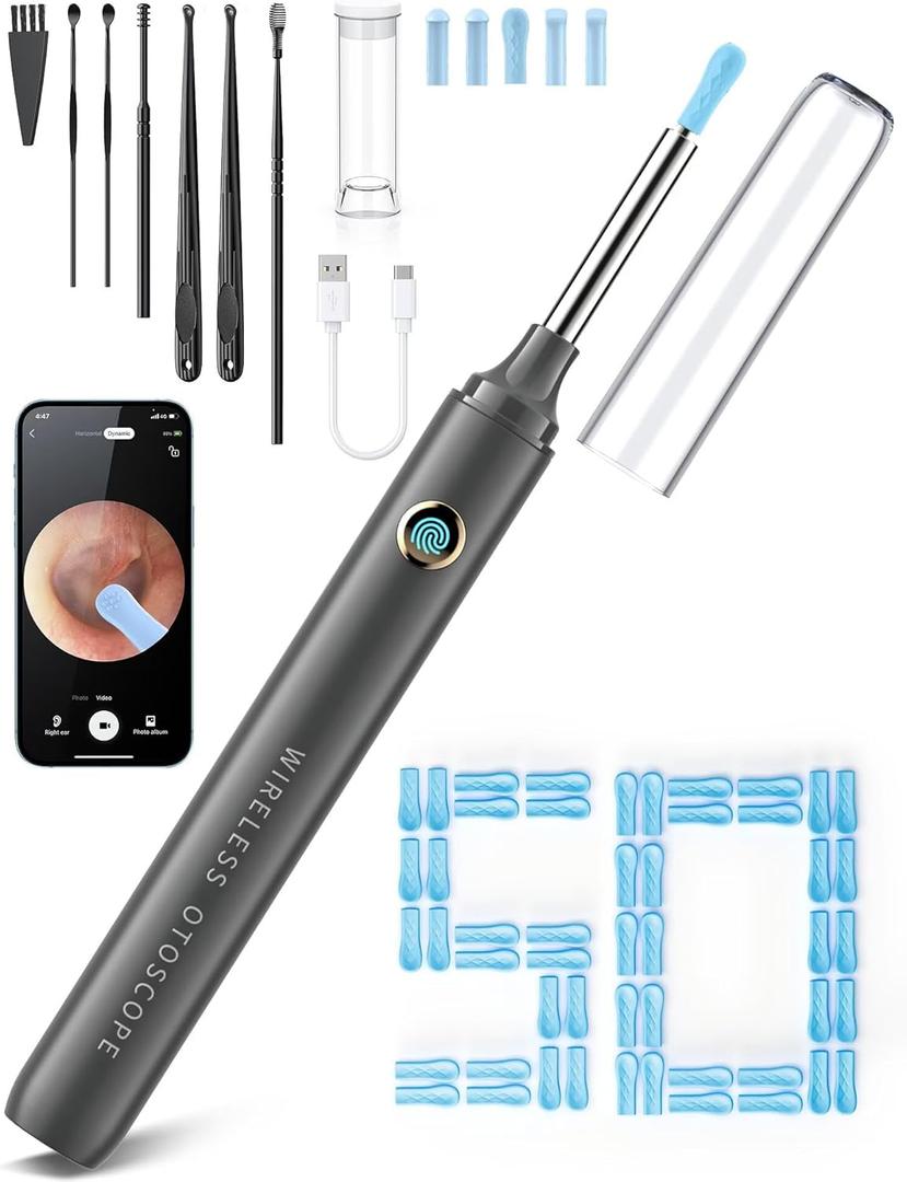 Ear Wax Removal Tool Camera - Ear Cleaner with 1080P HD Camera, FSA HSA Store Eligible, Otoscope with Light, Earwax Removal Kit with 50 Replacement Tips for iPhone, iPad, Android Phones (Gray)