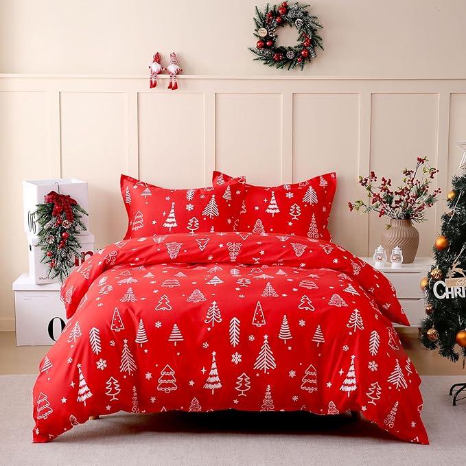 JSD Red Christmas Tree Kids Duvet Cover Set Full Size, 3 Piece Xmas Comforter Cover with Pillow Sham Zipper Closure, Comforter Not Included