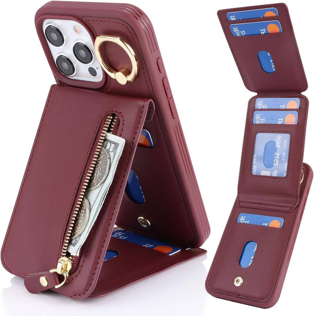 3 x for iPhone 15 pro Case with Card Holder for Women, for iPhone 15 pro Phone Case Wallet with Strap Credit Card with Kickstand Zipper Case - Red Wine