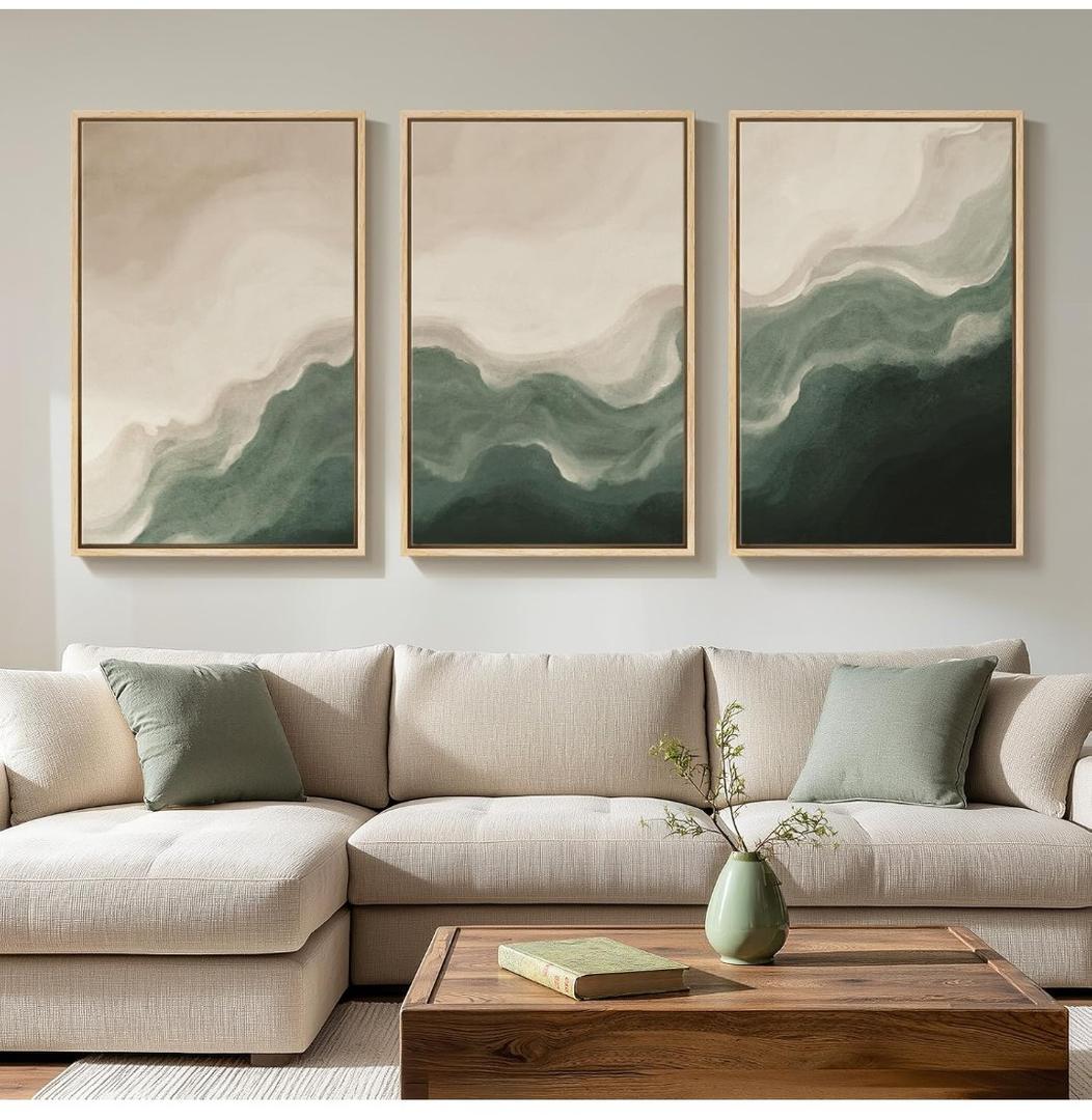 Large Framed Green and Beige Abstract Wall Art for Living Room, 3 Piece Modern Neutral Canvas Prints Paintings Artwork for Walls, Minimalist Abstract Pictures for Hallway Bedroom Wall Decor 24x36 In, 24" W X 36" H X 3pcs