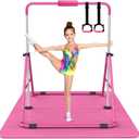 Tepemccu Expandable Gymnastics Bars,Adjustable Height Gymnastic Horizontal Bars,Junior Training Bar Children Folding Training Monkey Bars for Kids (Pink with mat)