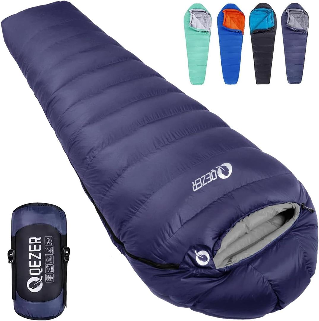 QEZER Down Mummy Sleeping Bag for Adults, 18°F to -11°F Cold Weather Winter Lightweight Compact for Camping Backpacking Hiking, Snow Camping Sleeping Bag with 600 Fill Power Down
 (-11F~18F, Blue-Left Zip)