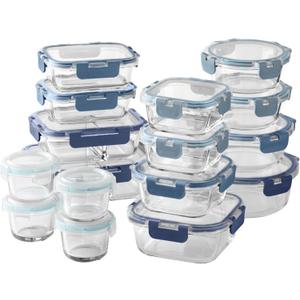 COOK WITH COLOR Premium 32-Pc. Borosilicate Glass Food Container Set with Dividers - 4 Rectangles, 8 Rounds, 4 Squares - Leakproof Lids - Meal Prep, Storage, Ombre Blue