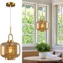 Cognac Glass Pendant Lights Kitchen Island Gold Pendant Light Fixtures Adjustable Height Modern Pendant Lighting for Bedroom Dining Room (9.06 in 1-Pack)