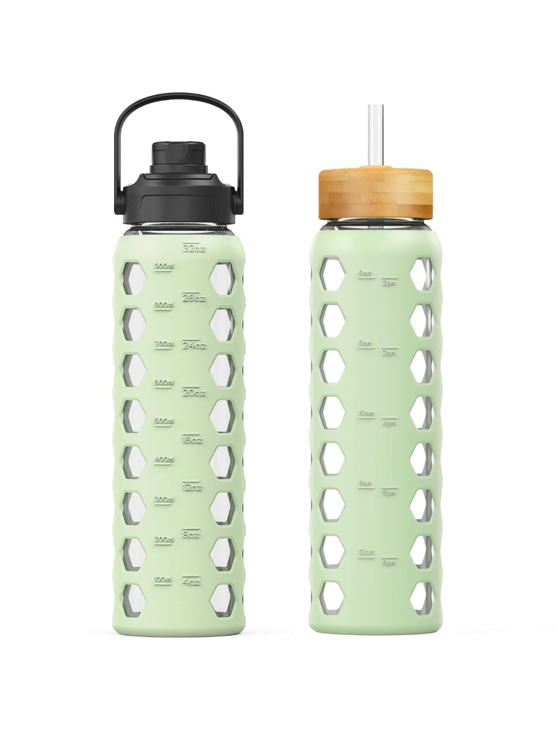 MUKOKO Glass Water Bottles,32oz Glass Tumbler with Straw,Drinking Bottles with 2 Lids-Handle Spout Lid&Bamboo Straw Lid,Motivational Water Bottle with Time Marker and Silicone Sleeve,1 Pack-Mustard