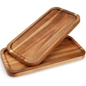 2 Pcs Rectangular Serving Platters for Food Dish Party Wooden Charcuterie Boards 14" x 7" Acacia Wood Trays for Kitchen Counter Decor Rectangle Dessert Plates Cheese Board Snack Appetizer Platter
