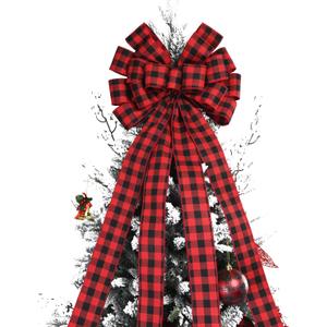 Christmas Checked Tree Topper,48x13 Inches Large Toppers Bow,Red and Black Plaid Buffalo Decorative Bows for Christmas Decoration (Red and Black Plaid)