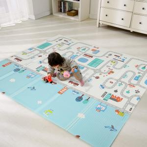 Bammax Extra Large Waterproof Foam Padded Baby Play Mat | Reversible & Foldable | 1 cm Thick Safe Baby Foam Play Mat | 70" x 78" | Cars & Fire Engine