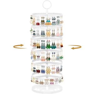 MODOWEY 6 Tier Rotating Earring Holder Organizer, Adjustable Metal and Plastic Stand Tree with 342 Grooves for Stud Hoop Pierced Dangle Display, Decluttered, Space-Saving Storage Rack for Women, White