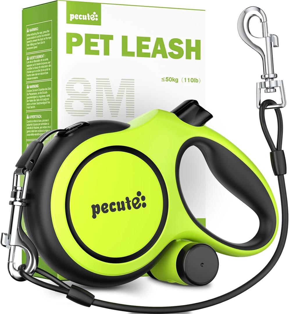 Pecute Retractable Dog Leash with Chew Proof Steel Cable, 26ft Heavy Duty Retractable Pet Leash with Poop Bag Holder, Anti-Slip Grip, for Medium/Large Power Chewers & Pullers 33lbs-110lbs (Green)