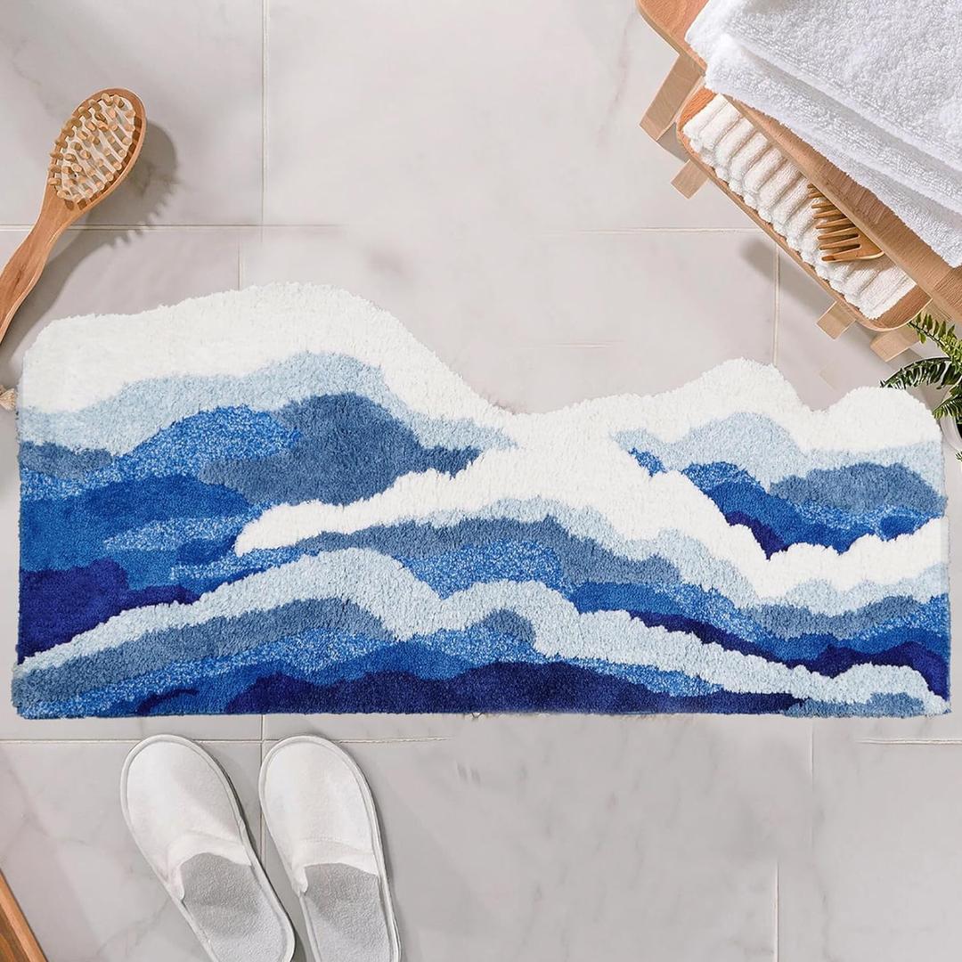Wavy Bathroom Rug - Ocean Blue 3D Microfiber Carpet with Non-Slip Backing (63"x28") (63"x28")