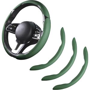 Car Steering Wheel Cover Leather Snap On 3Pcs Set Non-Slip Protector Wrap Steering Wheel Accessories 14.5-15 inch Universal Green