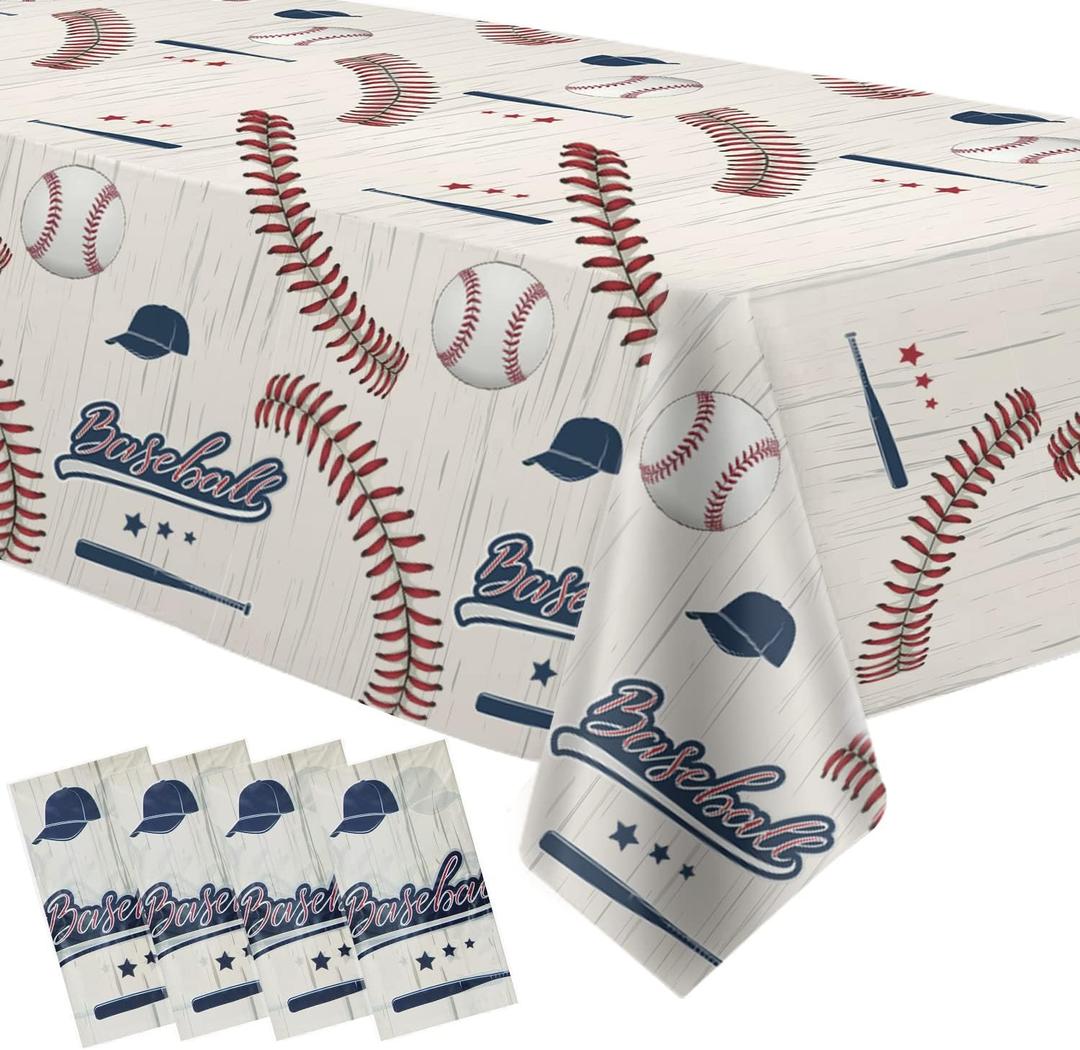 Baseball Party Tablecloth, 4 Pack (54x108in) - Disposable Material, Red & Blue, Rectangular, Table Decorations for Birthday, Baby Shower, Sports Themed Events