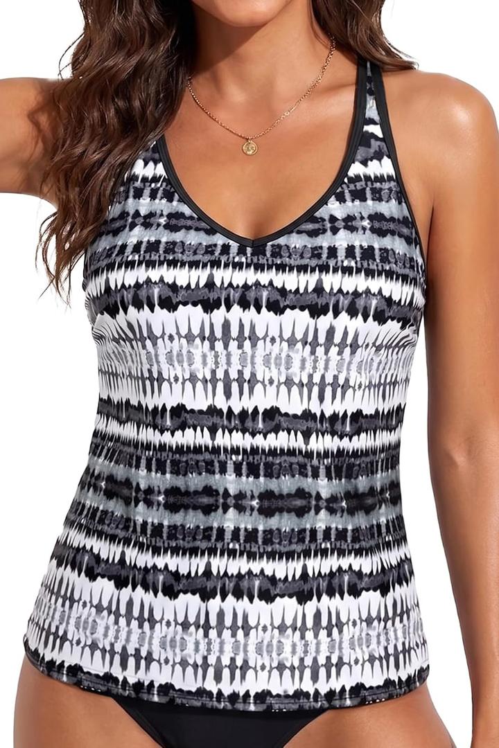 Yonique Womens Tankini Top Only Athletic Swim Top Modest Tankini Swimsuit No Bottom, 22 Plus, Black And White