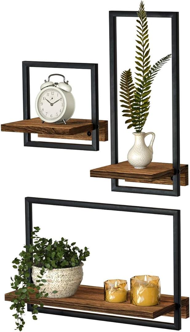 DELFOY Metal Frame Rustic Wooden Floating Hanging Shelves, Home Decor Wall Mounted Display Organizing Shelf for Living Room, Bedroom, Office Bathroom. Set of 3