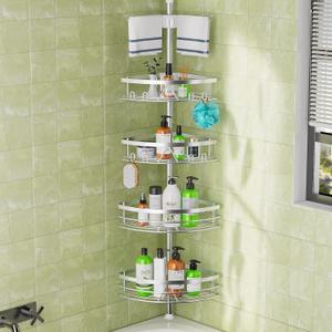 Dicasser Corner Shower Caddy - Tension Pole Rod Organizer, Floor to Ceiling 20-113 inch, Adjustable Towel Rack Waterproof Rustproof, Stainless Steel