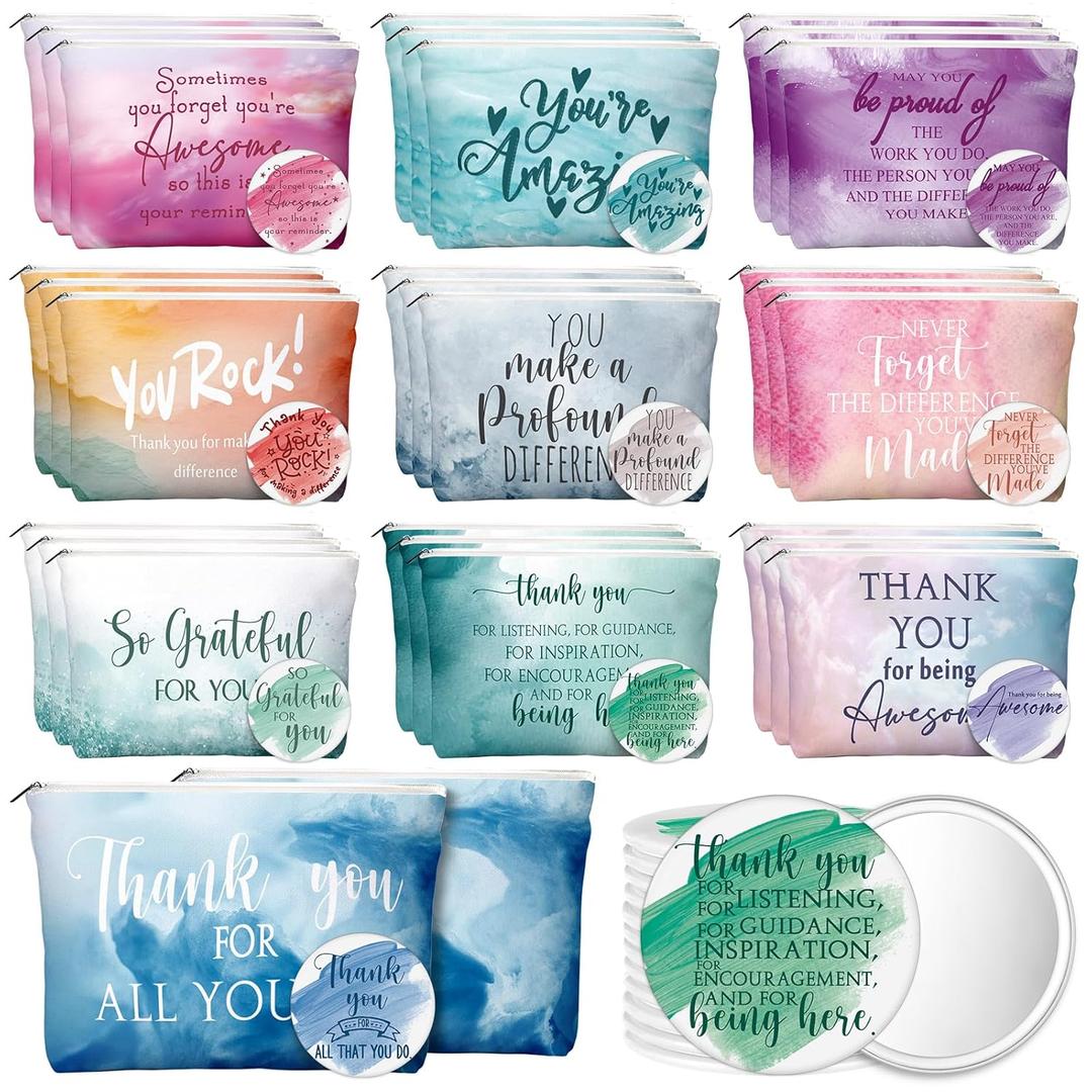 60 Pcs Employee Appreciation Gifts Inspirational Canvas Makeup Bags Compact Mirror Bulk Cosmetic Bags Portable Mirror Thank You Valentine's Day Gifts for Coworkers Women (Appreciation)