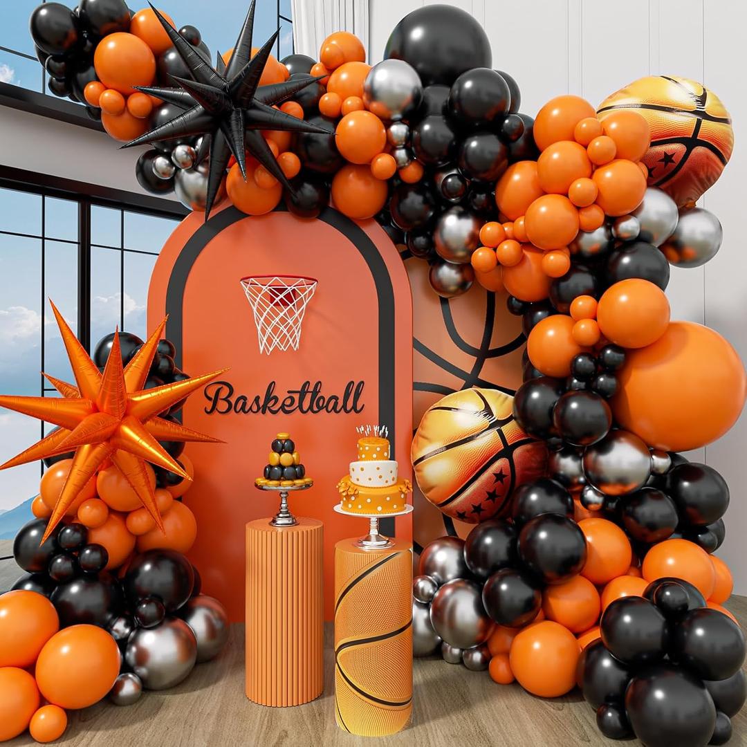 124pcs Basketball Balloon Arch Kit with Orange Black Balloons for Sports Themed Basketball Party Decorations