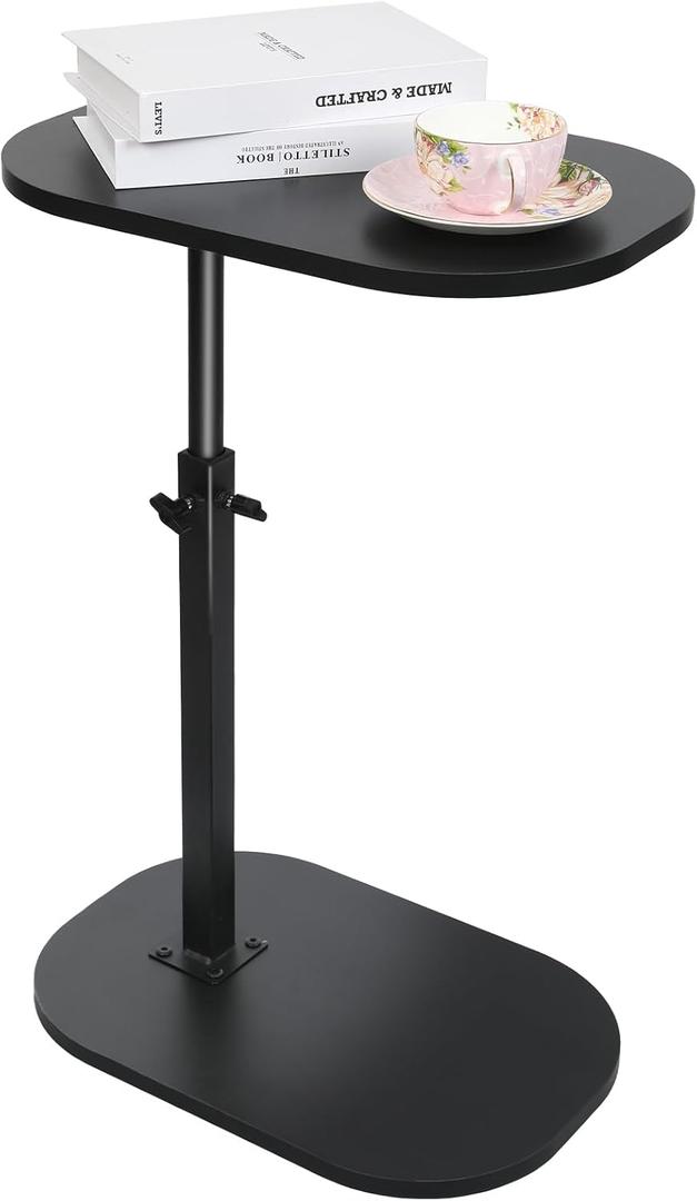 CypherX C Table, Wood Sofa Adjustable Height, C Shaped End Table for Couch, Slide Under Table, Small Side Table for Living Room, Bedroom, Bedside (Black) (Large)