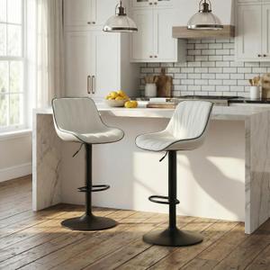 YOUNIKE Bar Stools Set of 2 for Kitchen Island, White Faux Leather Padded Bar Stools, Adjustable Barstools with Back, Modern Tall Bar Stools with 300LBS Support, Counter Height Swivel Bar Chairs