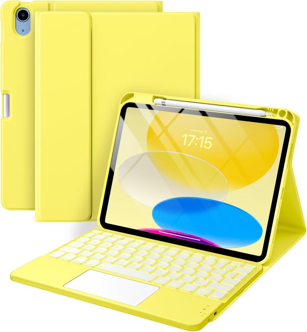 Compatible for iPad 11th 10th Generation Case with Keyboard, Folio Cover with Pencil Holder, Multi-Touch Trackpad, 7 Color Backlit, Detachable Keyboard for iPad (A16) 11th/10th Gen (Yellow)