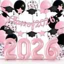 Graduation Balloons Class of 2026, 32 Inch Pink 2026 Number Foil Balloons Star Cap Garland Banner Pastel Pink Black Confetti Balloons Set for Senior High School College Congrats Grad Party Decorations