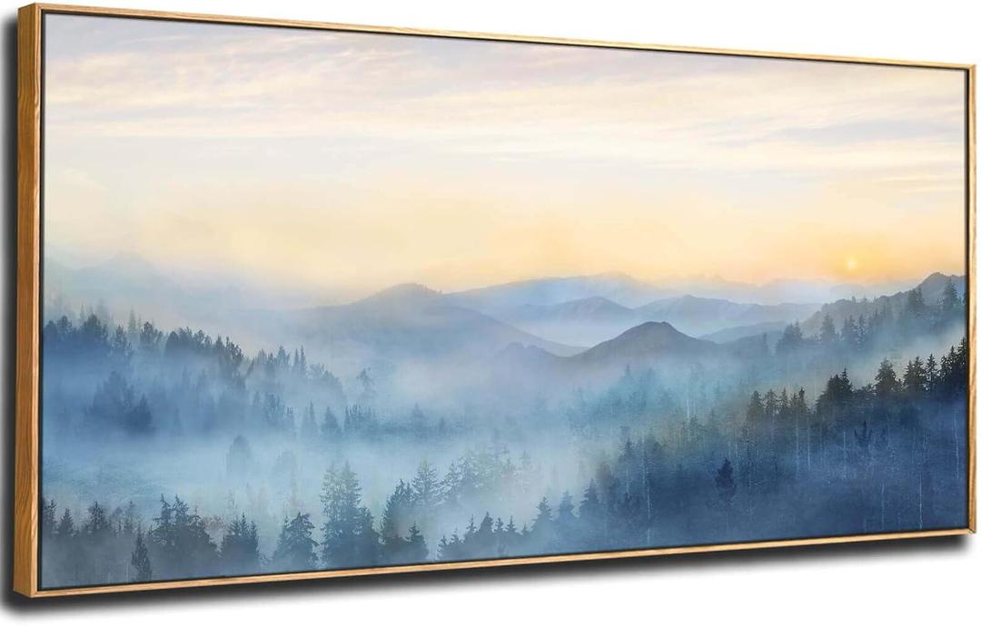 YJYart Tree Wall Art for Living Room Forest Nature Painting 20"x40" Framed Artwork Landscape Canvas Print for Bedroom Office Home Decor (Blue)