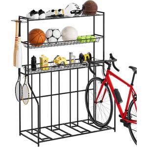 4 Bike Stand, Bike Rack Garage with 3-Tier Storage Rack, Bicycle Stand for Garage Organizer, Indoor Sporting Gear Storage Station for Mountain/Road/Hybrid & Fat Tire Bike, Patent Pending