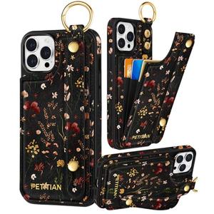 Petitian for iPhone 12/12 Pro Case with Wallet - Women Girls Cute Girly Aesthetic Unique Design Leather Credit Card Holder Cardholder Stand Wristband for iPhone 12/12 Pro, Grow Flower