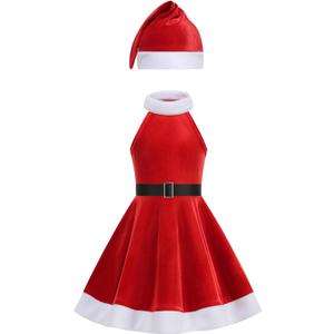 Christmas Girl Costume Red Velvet Sleeveless Dress Family Gathering Party Dress with Hooded Belt (Red)