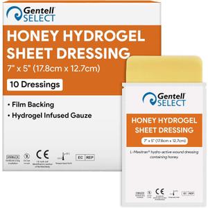 Honey Hydrogel Sheet Dressing 7"x5" - 10 Hydrogel Sheets with 30% Medical Grade Honey for Wounds - Good for Ulcers, Surgical Wounds, Donor Sites, Cuts, Abrasions, and More